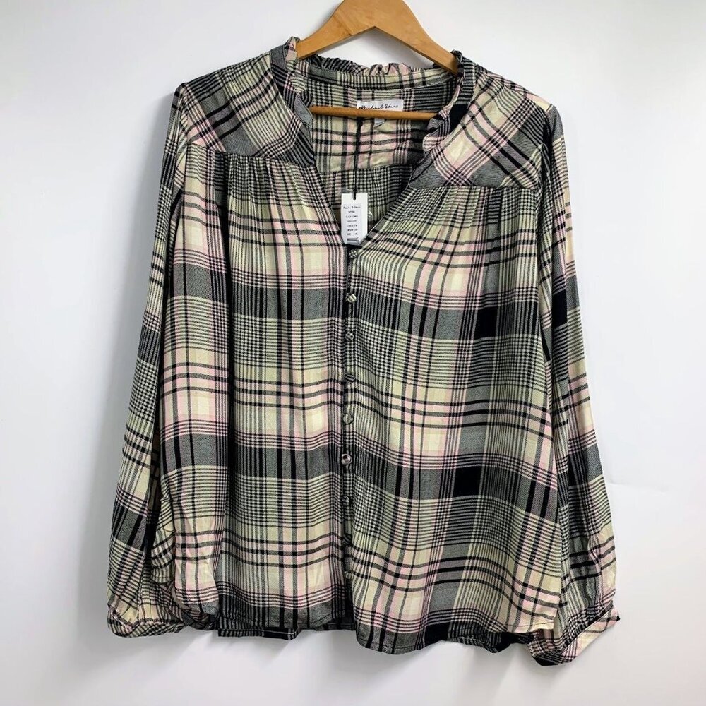 Michael Stars Women's Issa Play Ruffle Neck Ruched Plaid Shirt Size XL NWT